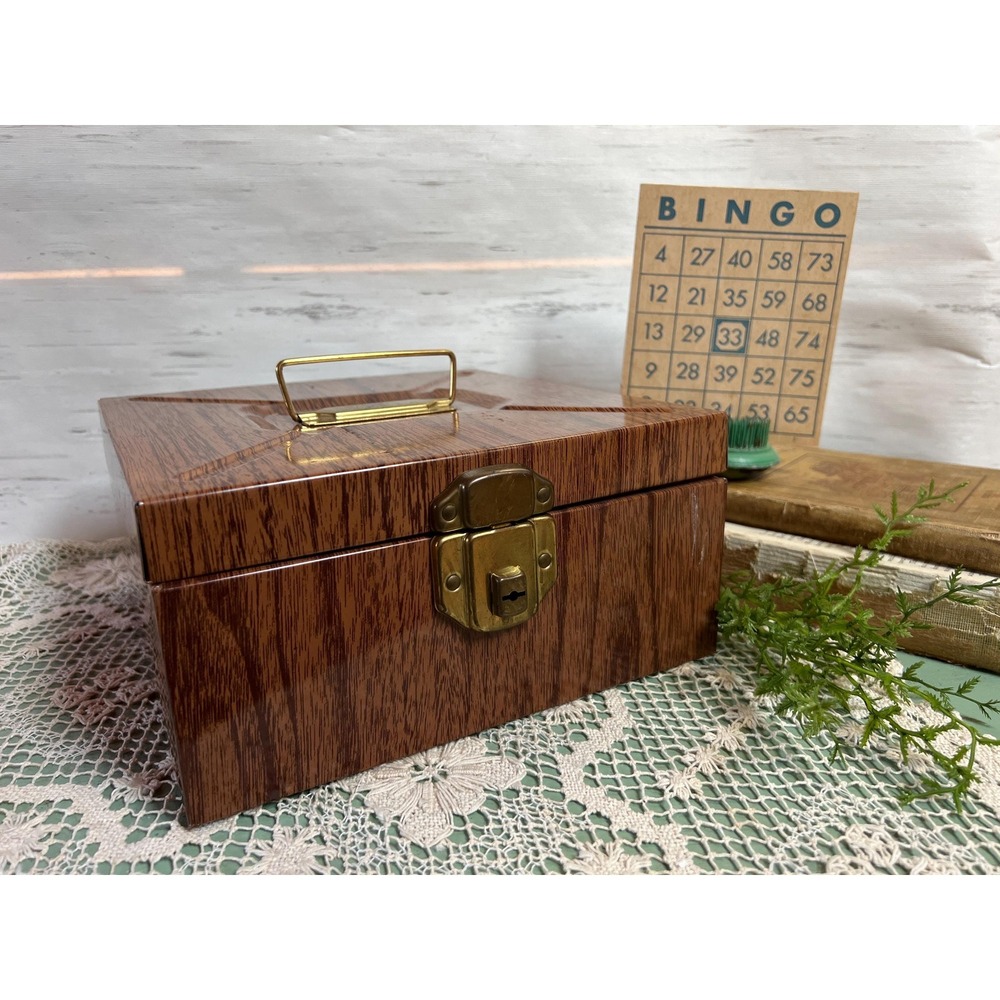 Vintage Ballonoff 9" Metal File Box Woodgrain Litho with Insert